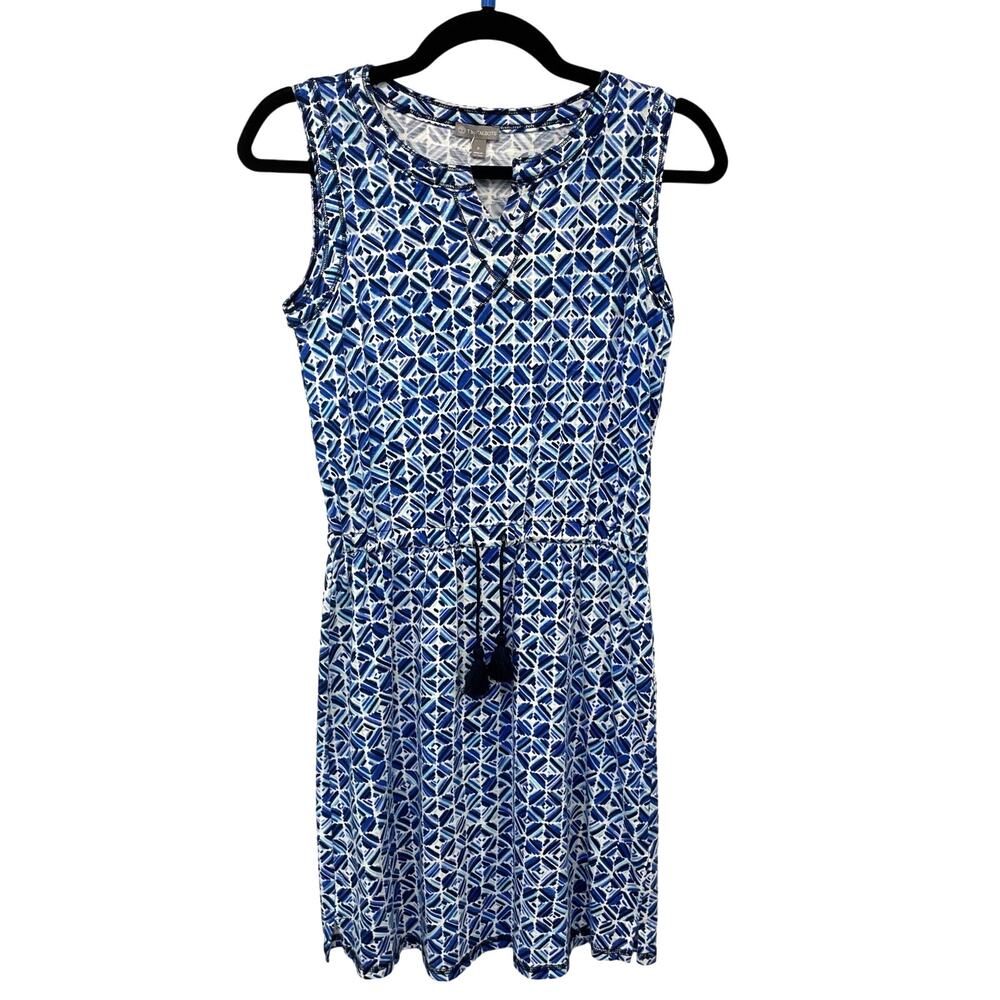 T by Talbots Blue & White Geometric Print Sleeveless Tassel Tie Dress XS Petite